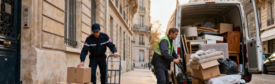 Agent municipal et débarrasseur professionnel en pied, comparaison volume encombrants traités Paris 20ème