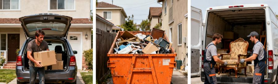 Comparaison trois solutions évacuation encombrants : particulier seul, benne location, débarrasseurs professionnels