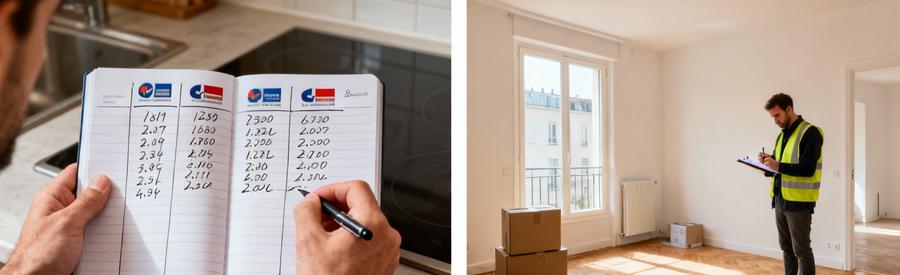 Comparaison Tarifs Debarras Appartement T2 Bobigny Comparaison manuscrite de trois offres tarifaires et appartement T2 vide après intervention professionnelle à Bobigny