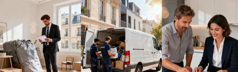 Trois étapes intervention petit volume : évaluation studio, chargement camionnette, consultation estimation détaillée