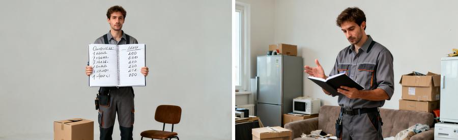 Professionnel comparant tarifs pour deux volumes d'encombrants différents à Bordeaux avec carnet de prix détaillé