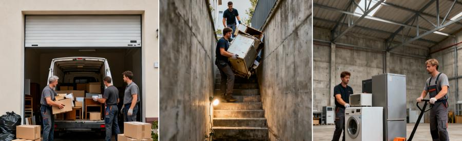 Trois configurations évacuation gros volumes : garage plain-pied, cave sur niveaux, entrepôt industriel avec équipes