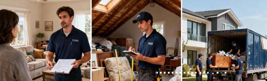 Professionnel débarras présentant équipement et planification pour évacuation gros volumes encombrants