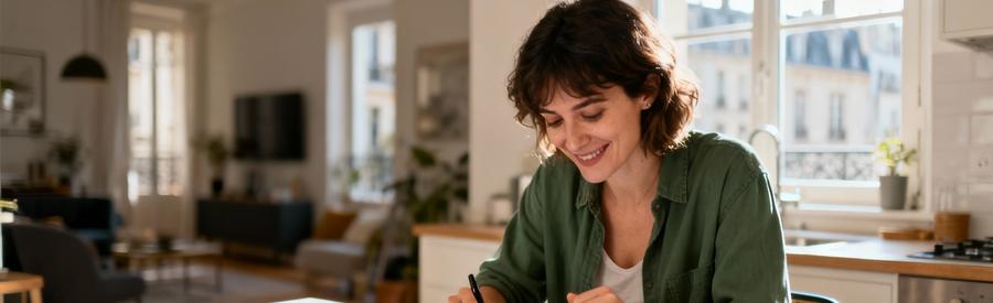 Consultation Offres Debarrasseurs Vincennes Femme comparant sur tablette les offres de professionnels du débarras à Vincennes depuis sa cuisine