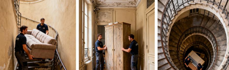 Débarrasseurs gérant contraintes architecturales immeubles haussmanniens Lyon 1er : escaliers colimaçon et paliers étroits