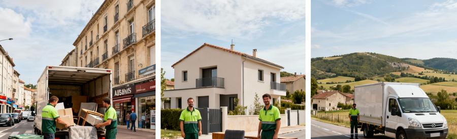 Couverture Geographique Debarras Aubenas Centre Peripherie Triptyque montrant service débarras Aubenas : centre-ville, périphérie et communes voisines dans rayon 20 kilomètres