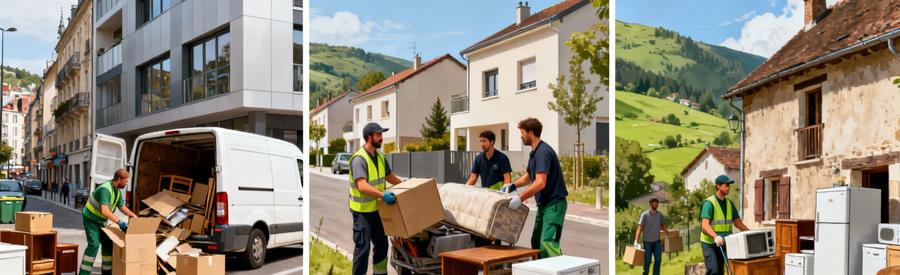 Triptyque zones intervention débarras Aurillac : centre-ville, quartiers périphériques et communes Cantal
