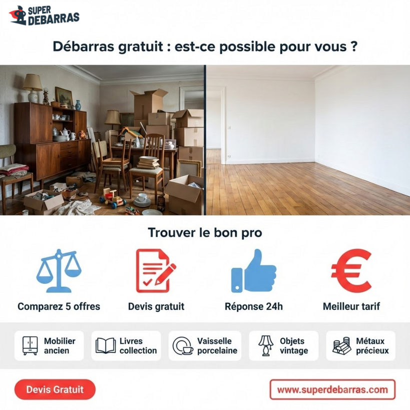 Infographie débarras gratuit : avant/après d'un intérieur encombré, critères de valorisation et processus de demande de devis