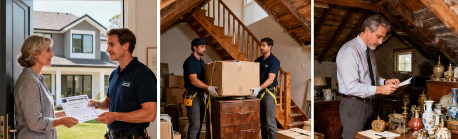 Triptyque : vérification documents assurance, évacuation encombrants grenier, estimation objets valeur par professionnels