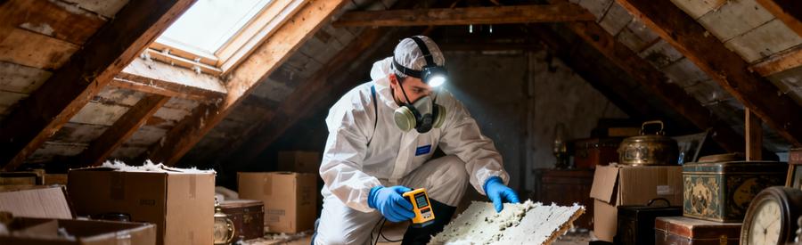 Débarrasseur certifié inspectant grenier ancien avec équipement protection amiante et matériaux dangereux