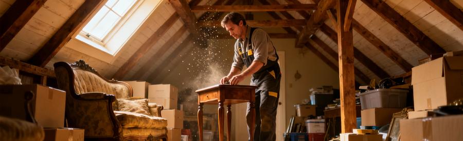Débarrasseur professionnel triant objets et cartons accumulés dans grenier aménagé sous charpente