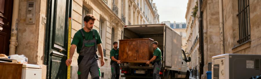 Équipe débarrasseurs gérant encombrants volumineux dans ruelle étroite avec contraintes accès urbain