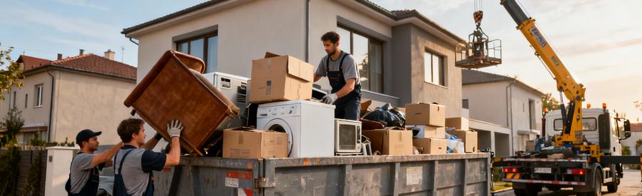 Professionnels évacuant encombrants volumineux avec benne industrielle et équipement de levage spécialisé