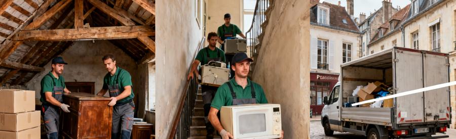 Professionnels débarras intervenant grenier, escalier immeuble ancien et centre historique Poissy