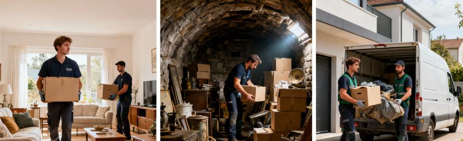 Triptyque débarras professionnel Montélimar : maison individuelle, cave encombrée et garage résidentiel