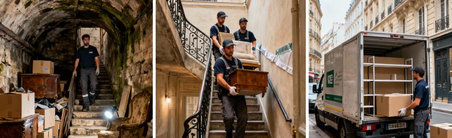 Triptyque débarrasseurs en pied : cave parisienne, escalier haussmannien, chargement local commercial Paris 10ème