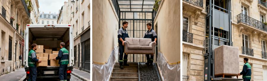 Triptyque débarras Paris 17ème : rue étroite, escalier haussmannien, monte-meuble avec débarrasseurs en action