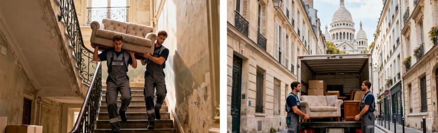 Débarrasseurs en pied portant canapé escalier haussmannien puis chargeant camion rue pavée Montmartre Paris 18ème