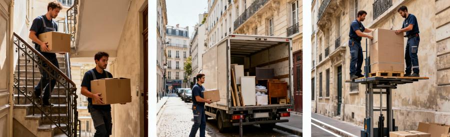 Triptyque débarrasseurs en pied : escalier étroit, ruelle Mouzaïa, protection façade Paris 19ème arrondissement
