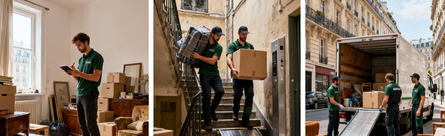 Triptyque débarrasseurs en pied : évaluation studio, transport escaliers Belleville, chargement camion Paris 19ème