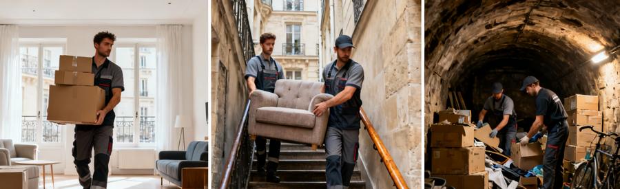 Triptyque débarrasseurs en pied : évacuation appartement, transport escalier, tri cave Paris 20ème arrondissement