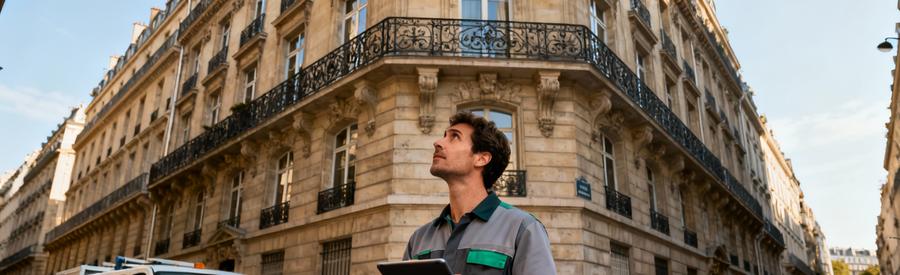 Debarras Paris Professionnel Immeuble Haussmannien Débarrasseur consultant plan devant immeuble haussmannien parisien typique avec véhicule intervention