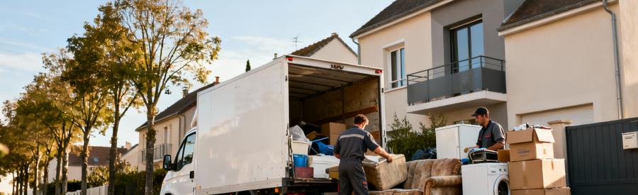 Débarrasseurs chargeant encombrants dans camionnette à Champs-sur-Marne, alternative service municipal SIETREM