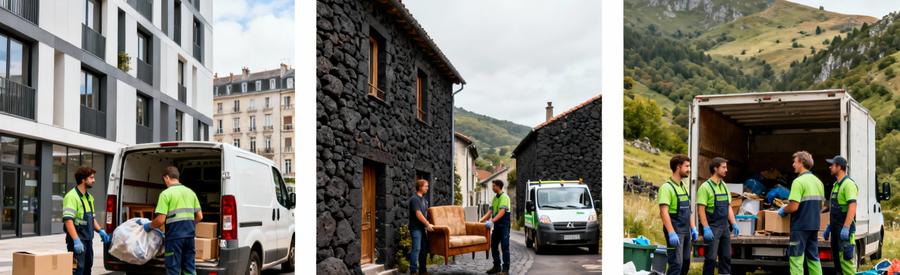 Débarrasseurs en pied intervenant Clermont-Ferrand, village auvergnat et zone rurale montagneuse Puy-de-Dôme