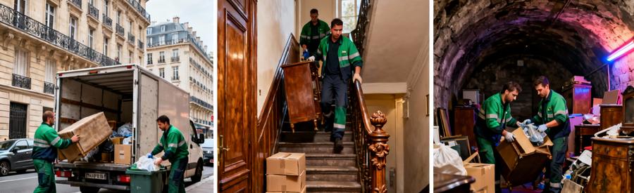 Triptyque débarrasseurs en pied quartiers Paris 9ème : Opéra, Pigalle, Martyrs avec encombrants et architecture