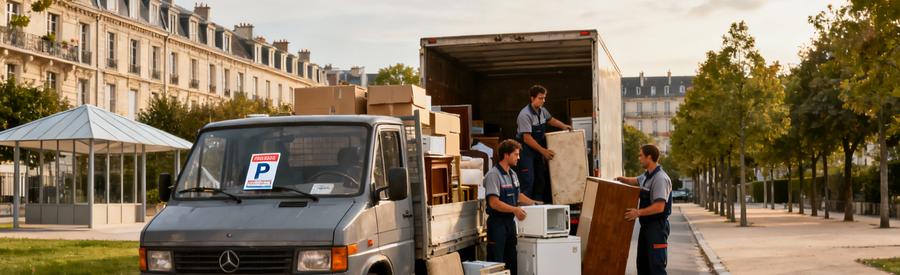 Professionnels débarras chargeant encombrants camionnette quartier résidentiel Rueil-Malmaison avec autorisation