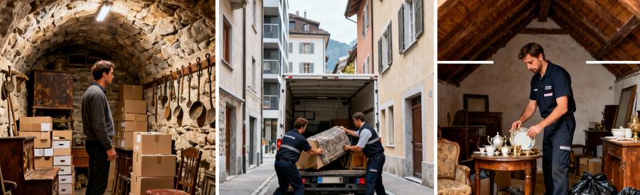 Debarras Savoie Cave Chargement Tri Professionnels Triptyque débarrasseurs Savoie : évaluation cave, chargement camionnette, tri grenier avec personnages en pied