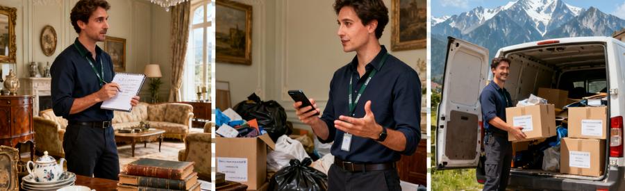 Debarras Savoie Evaluation Negociation Evacuation Objets Triptyque débarrasseur en pied : évaluation objets valorisables, négociation tarif, chargement camionnette Savoie