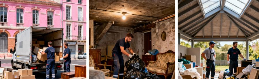 Triptyque débarrasseurs professionnels en action Toulouse : Capitole, Blagnac, Colomiers avec encombrants