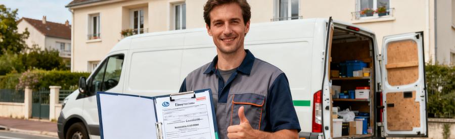 Débarrasseur professionnel certifié présentant ses documents d'assurance devant sa camionnette à Épinay-sur-Seine