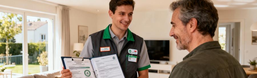 Débarrasseur professionnel certifié présentant ses documents d'assurance et certifications à un client à Cergy