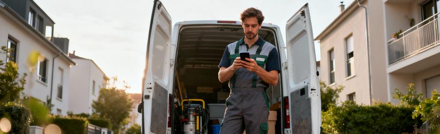 Débarrasseur professionnel consultant son planning sur smartphone devant camionnette à Fontaine pour intervention rapide