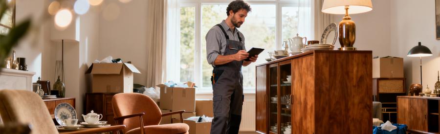 Débarrasseur professionnel évaluant des meubles vintage et objets de valeur pour un débarras gratuit par valorisation