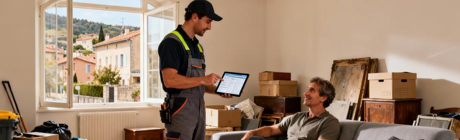 Debarrasseur Presentation Devis Client Aubenas Débarrasseur professionnel présentant son offre à un client dans un salon à Aubenas, illustrant la mise en relation facilitée