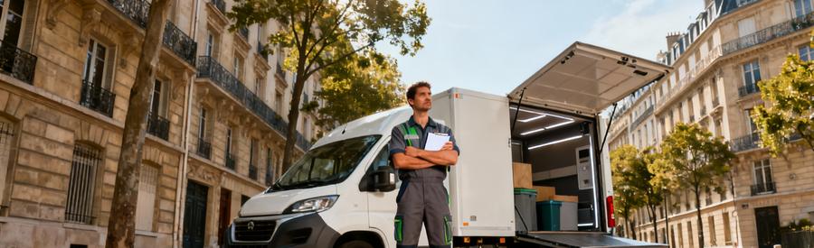 Débarrasseur professionnel et camionnette utilitaire dans rue résidentielle du 13ème arrondissement de Paris