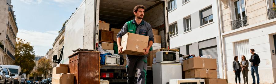 Débarrasseur professionnel en pied chargeant encombrants camionnette rue Paris 19ème arrondissement