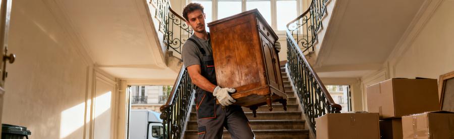 Débarrasseur en pied transportant meuble ancien escalier immeuble parisien 18ème arrondissement