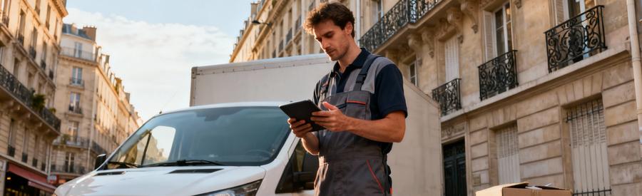 Débarrasseur professionnel en pied avec tablette devant camionnette et immeuble parisien du 10ème arrondissement