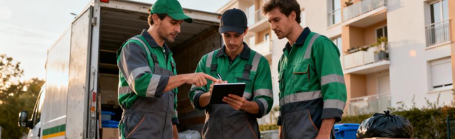 Debarrasseurs Comparaison Offres Tablette Loire Trois débarrasseurs en pied consultant tablette pour comparer offres devant camionnette avec encombrants Loire