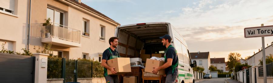 Équipe débarras professionnelle chargeant encombrants camionnette quartier résidentiel Torcy Seine-et-Marne