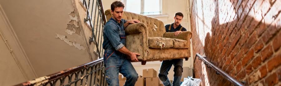 Deux débarrasseurs en pied portant canapé dans escalier immeuble parisien 18ème arrondissement sans ascenseur