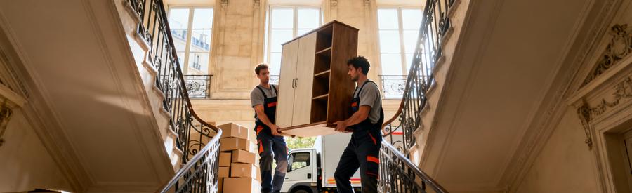 Deux débarrasseurs en pied portant meuble volumineux escalier immeuble haussmannien Paris 16ème arrondissement