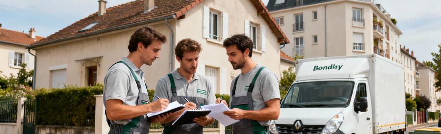 Debarrasseurs Professionnels Intervention Bondy 93 Débarrasseurs professionnels évaluant une intervention de débarras devant une maison à Bondy en Seine-Saint-Denis