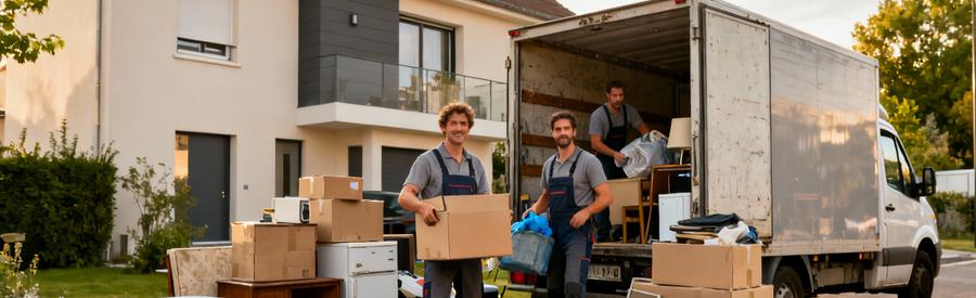 Équipe débarras professionnelle chargeant encombrants variés depuis pavillon moderne Plaisir Yvelines