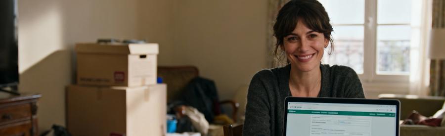 Demande Debarras En Ligne Blanc Mesnil Formulaire Femme remplissant formulaire en ligne pour demande de débarras au Blanc-Mesnil sur ordinateur portable à domicile