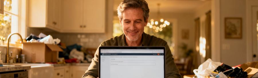 Personne remplissant formulaire devis débarras en ligne sur ordinateur dans intérieur avec objets à évacuer Aurillac